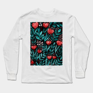 Watercolor flower garden -  orange and blue on dark background Long Sleeve T-Shirt